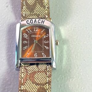 Vintage Coach Silver Tone Stainless Steel Watch Brown Logo Band Signature works